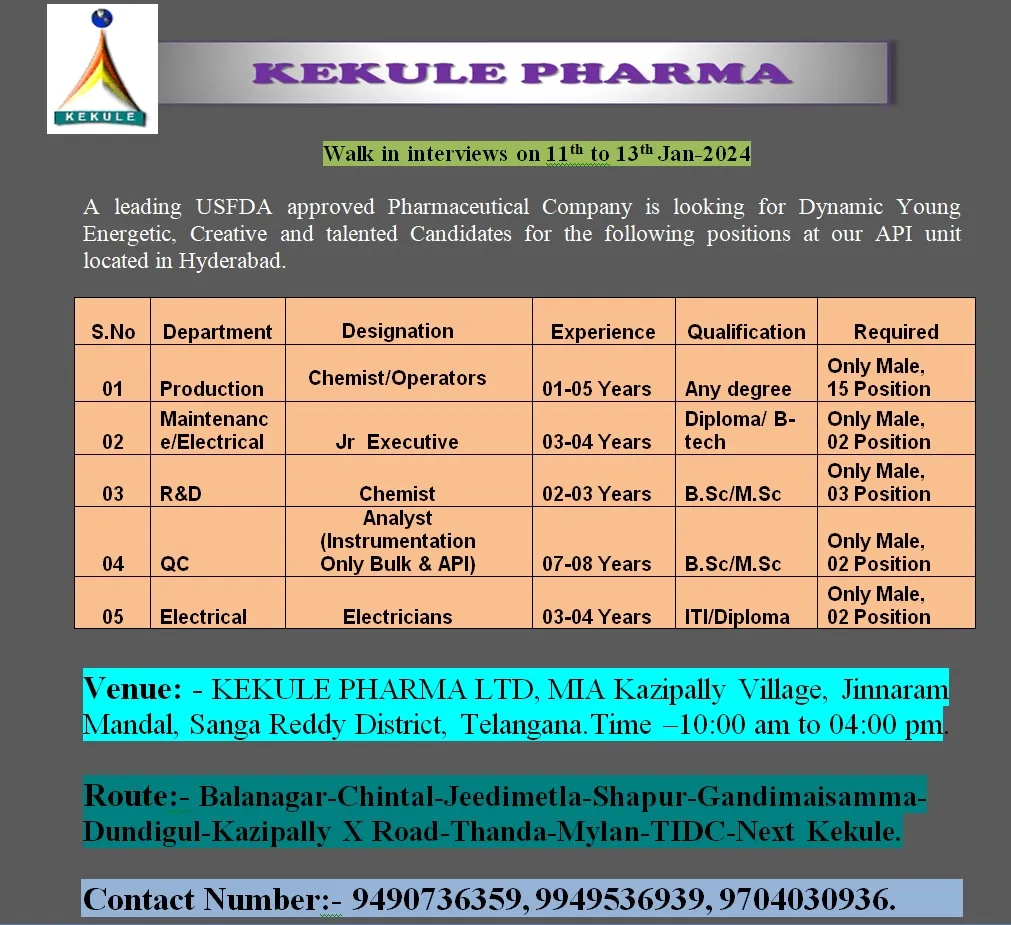 Kekule Pharma - Walk-In Interviews for Production, QC, R&D, Electrical, Maintenance on 11th to 13th Jan 2024